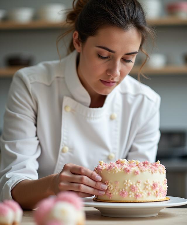The head patissier at Snowdrift Sugar carefully applying finishing touches to a bespoke cake.