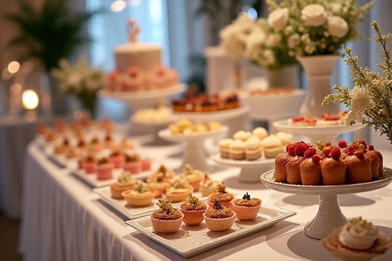 A lavish dessert table at a wedding, filled with cakes, pastries, and sweets.